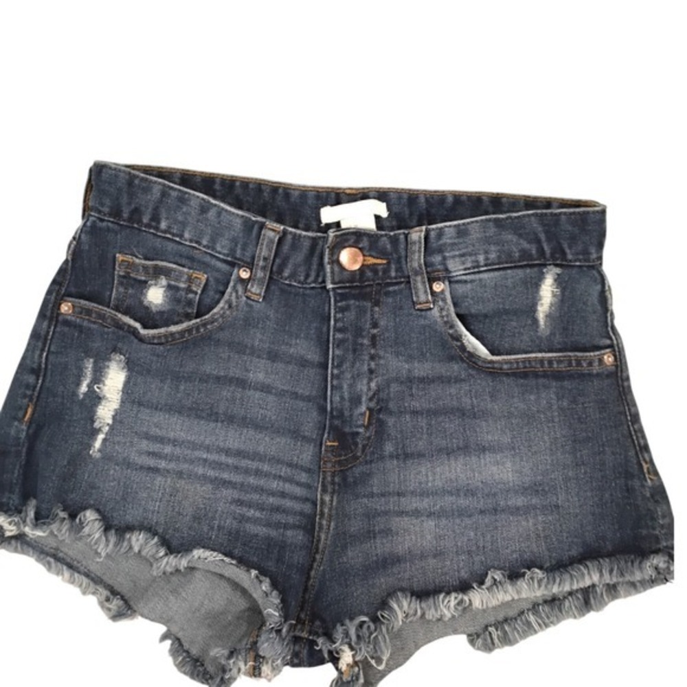 HM Divided Distressed Denim Shorts Dark Wash Raw Hem High Waist Size 4